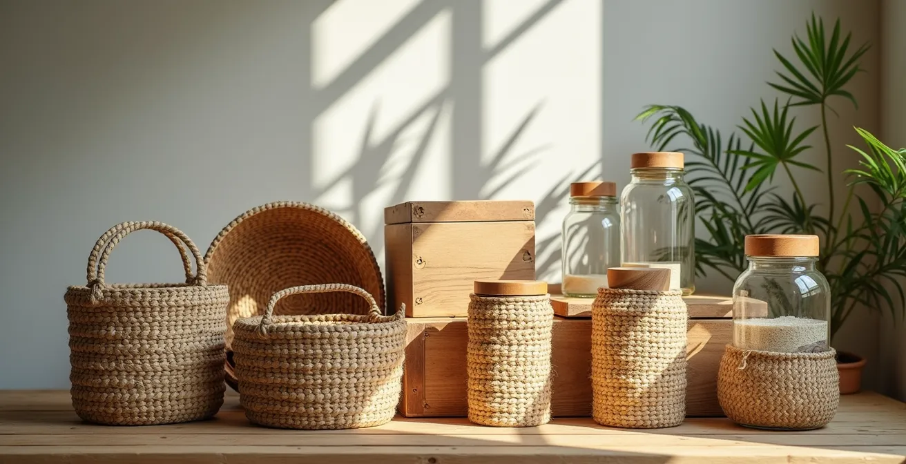 Composition minimaliste montrant des solutions de rangement durables : paniers tressés artisanaux, boîtes en bois naturel et contenants réutilisés, sans aucune boîte en plastique visible