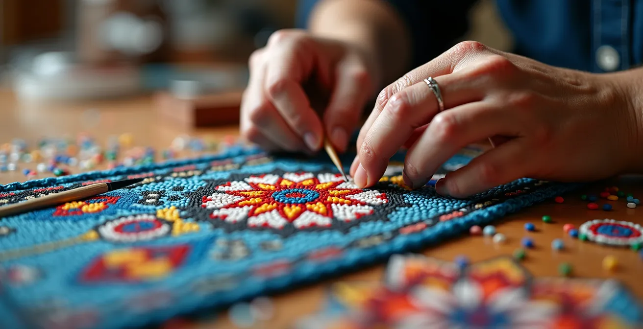 Artisan autochtone créant une œuvre de perlage contemporain mêlant motifs traditionnels et design moderne dans son atelier