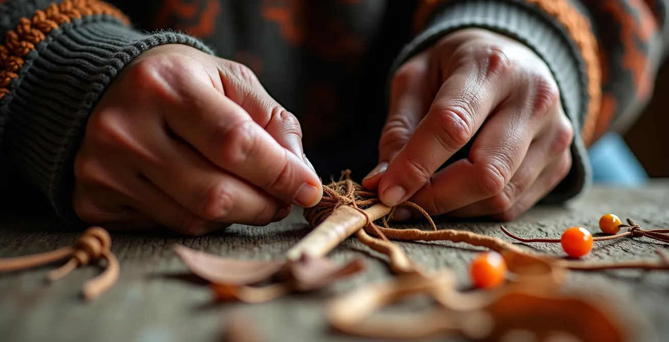 Mains d'artisan autochtone travaillant une œuvre traditionnelle en gros plan