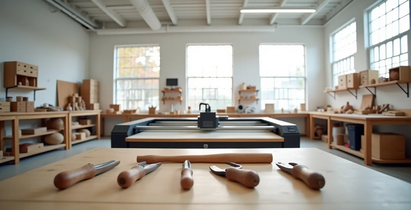 Atelier d'artisan moderne où cohabitent outils traditionnels en bois et équipements numériques de précision