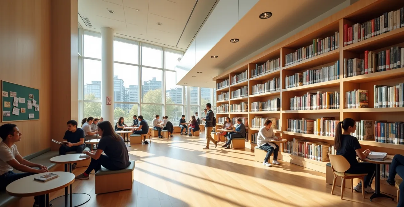 Intérieur chaleureux d'une bibliothèque publique canadienne avec visiteurs diversifiés en interaction