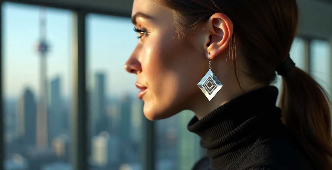 Femme portant des boucles d'oreilles sculpturales XXL avec un col roulé noir dans un bureau moderne de Toronto