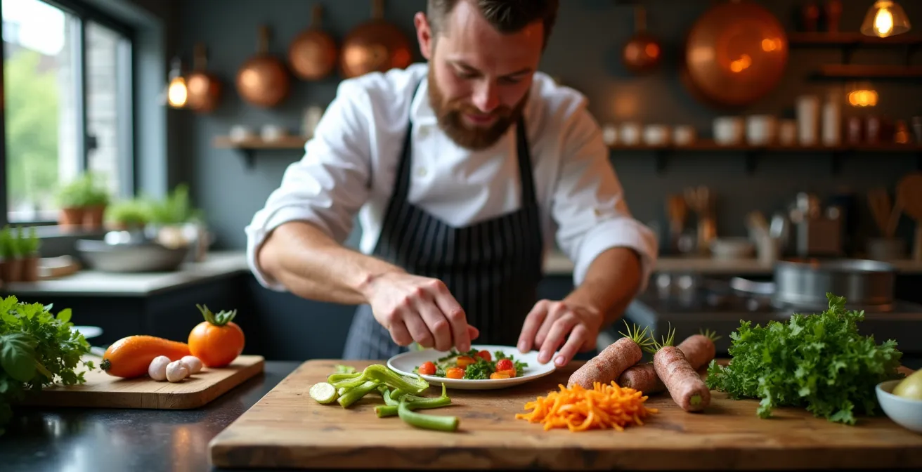 Chef canadien travaillant avec des ingrédients locaux dans une cuisine moderne