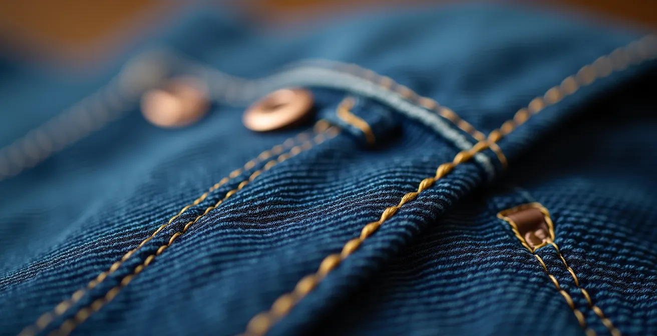 Gros plan sur la texture et les coutures d'un jean de qualité fait au Canada