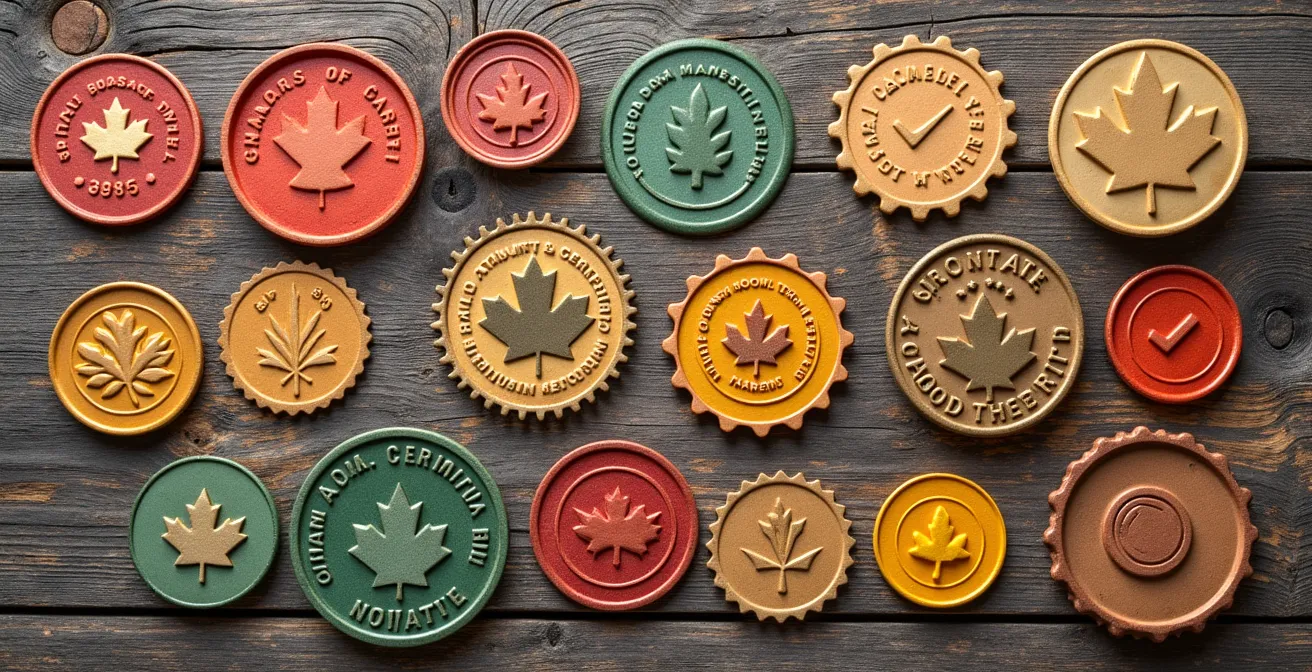 Gros plan sur différents labels alimentaires canadiens disposés sur une surface en bois