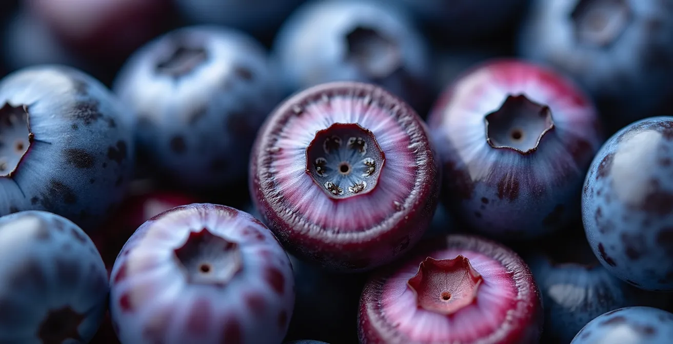 Vue macro de bleuets sauvages montrant la concentration d'anthocyanes dans la peau