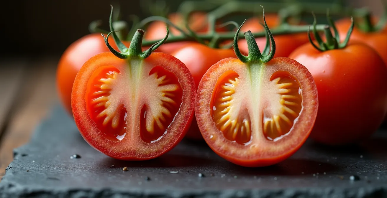 Vue macro comparative de deux tomates coupées montrant la différence de texture et couleur