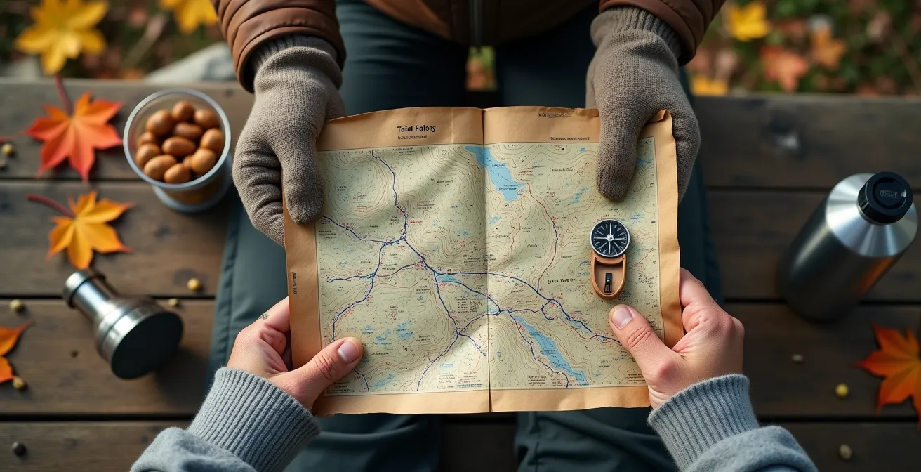 Mains tenant une carte papier avec boussole dans un décor de forêt canadienne