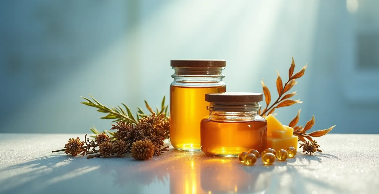 Arrangement minimaliste de produits cosmétiques naturels dans un environnement contrôlé montrant différentes méthodes de conservation