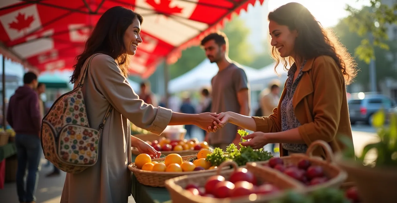 Vue large d'un marché local canadien avec produits durables et consommateurs faisant des choix éclairés