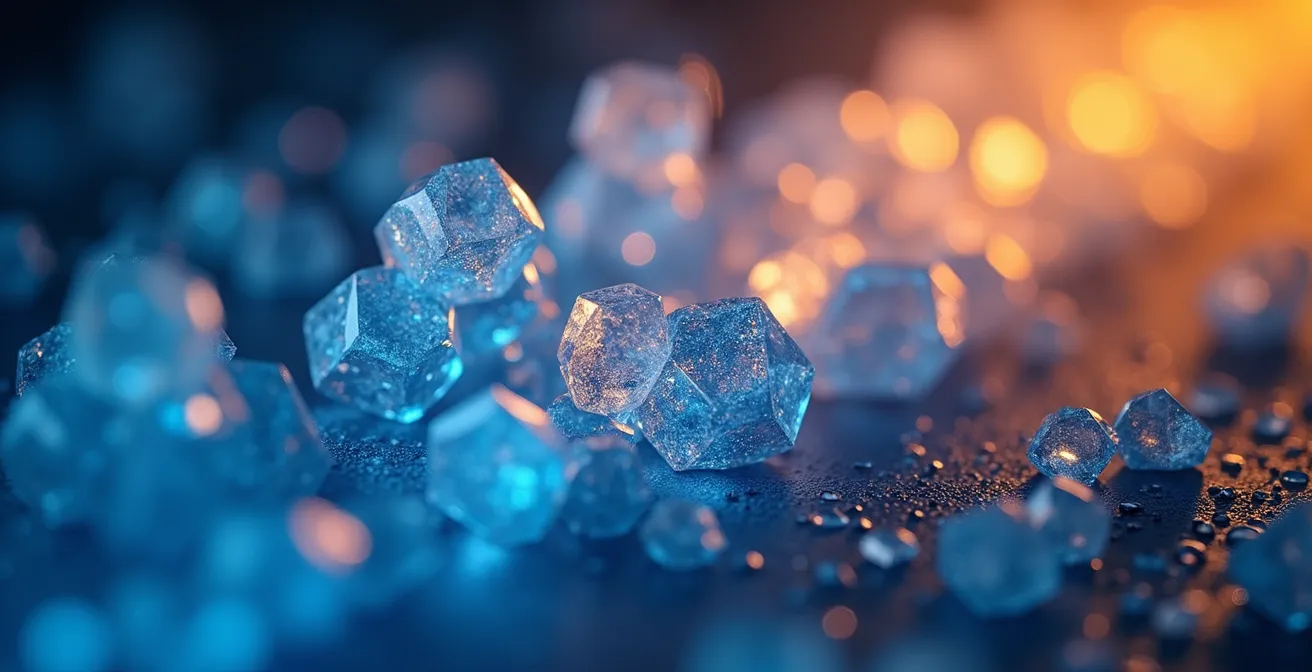 Vue macro de cristaux de mélatonine avec effets de lumière représentant le cycle circadien