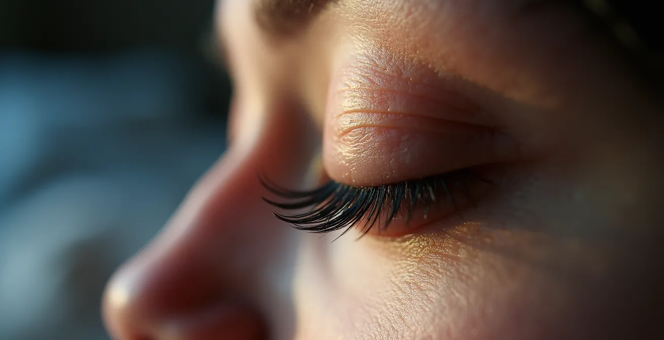 Vue macro d'un œil fermé avec cils détaillés et peau texturée, suggérant le sommeil profond