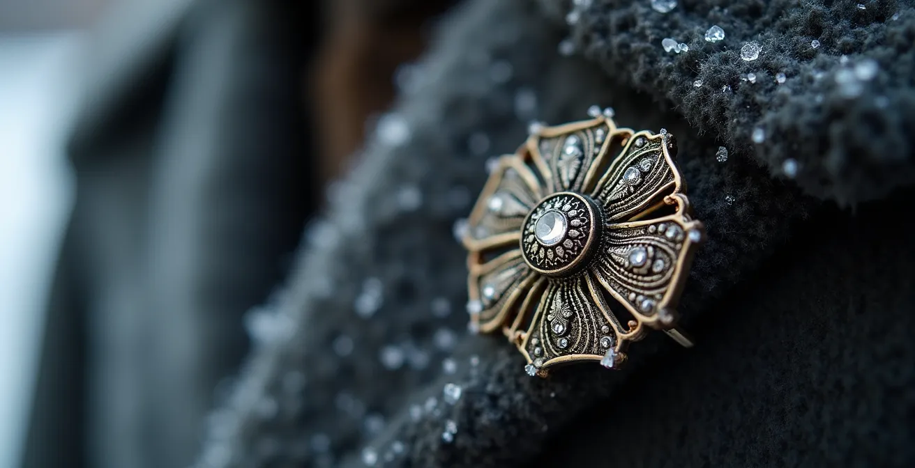 Détail macro d'une broche artistique épinglée sur un manteau de laine canadien