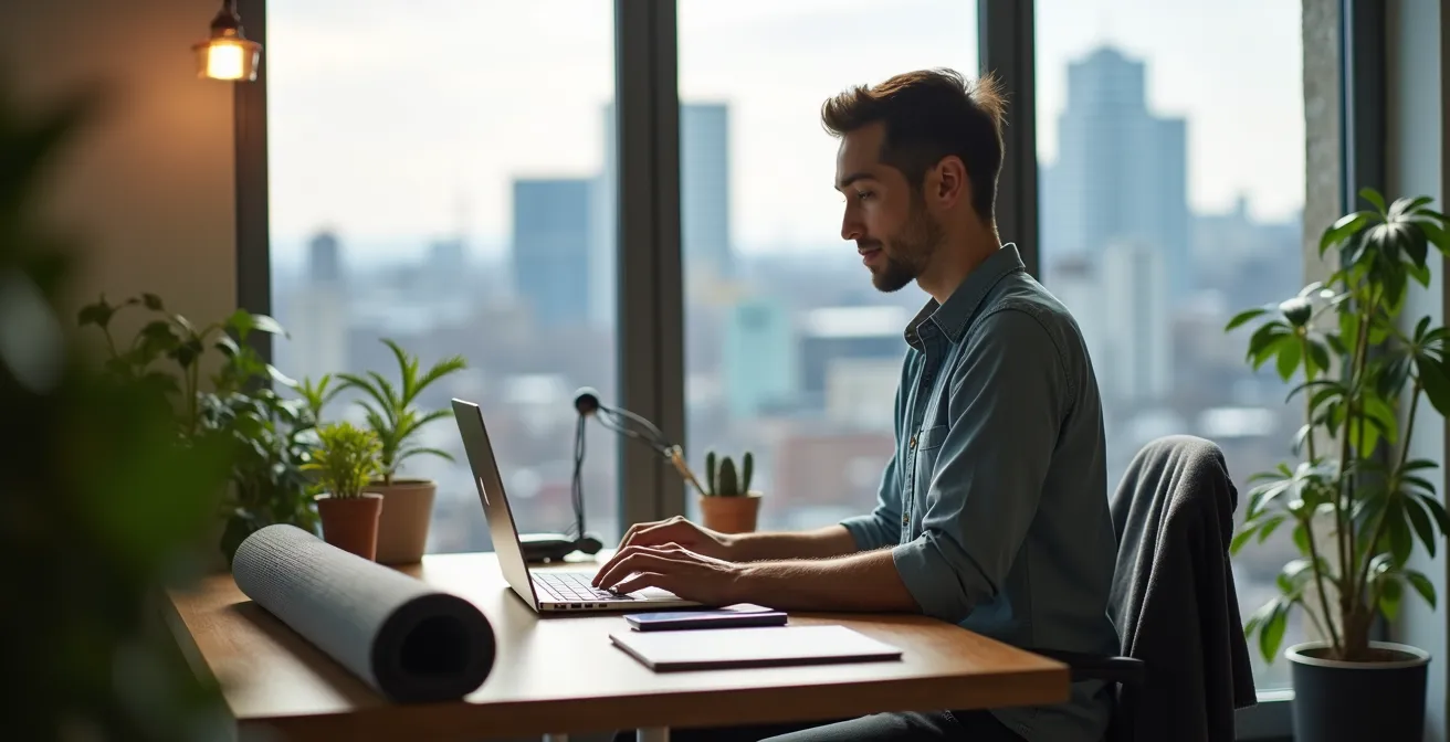 Employé travaillant dans un espace de coworking moderne à Montréal avec vue sur le Mont-Royal