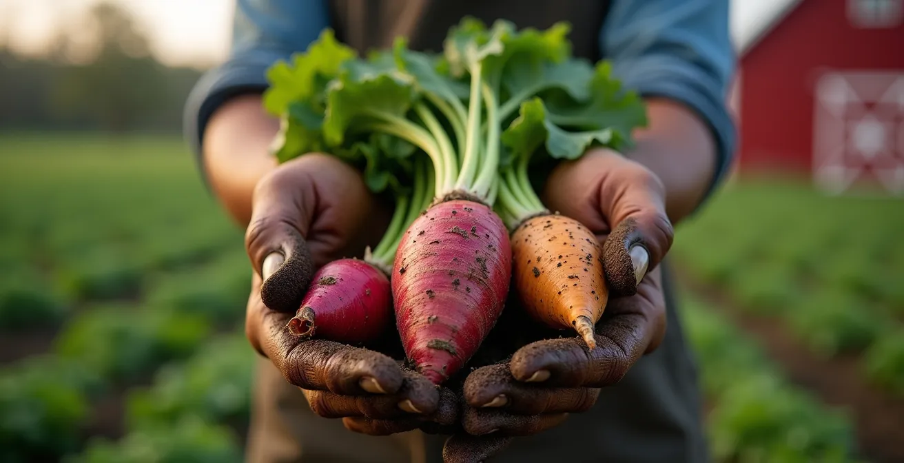 Famille récoltant des légumes dans une ferme biologique québécoise avec grange rouge traditionnelle en arrière-plan