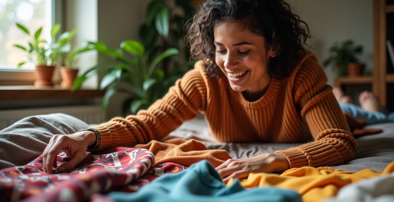 Vue d'ensemble d'une garde-robe capsule vibrante avec pièces locales et techniques disposées harmonieusement.