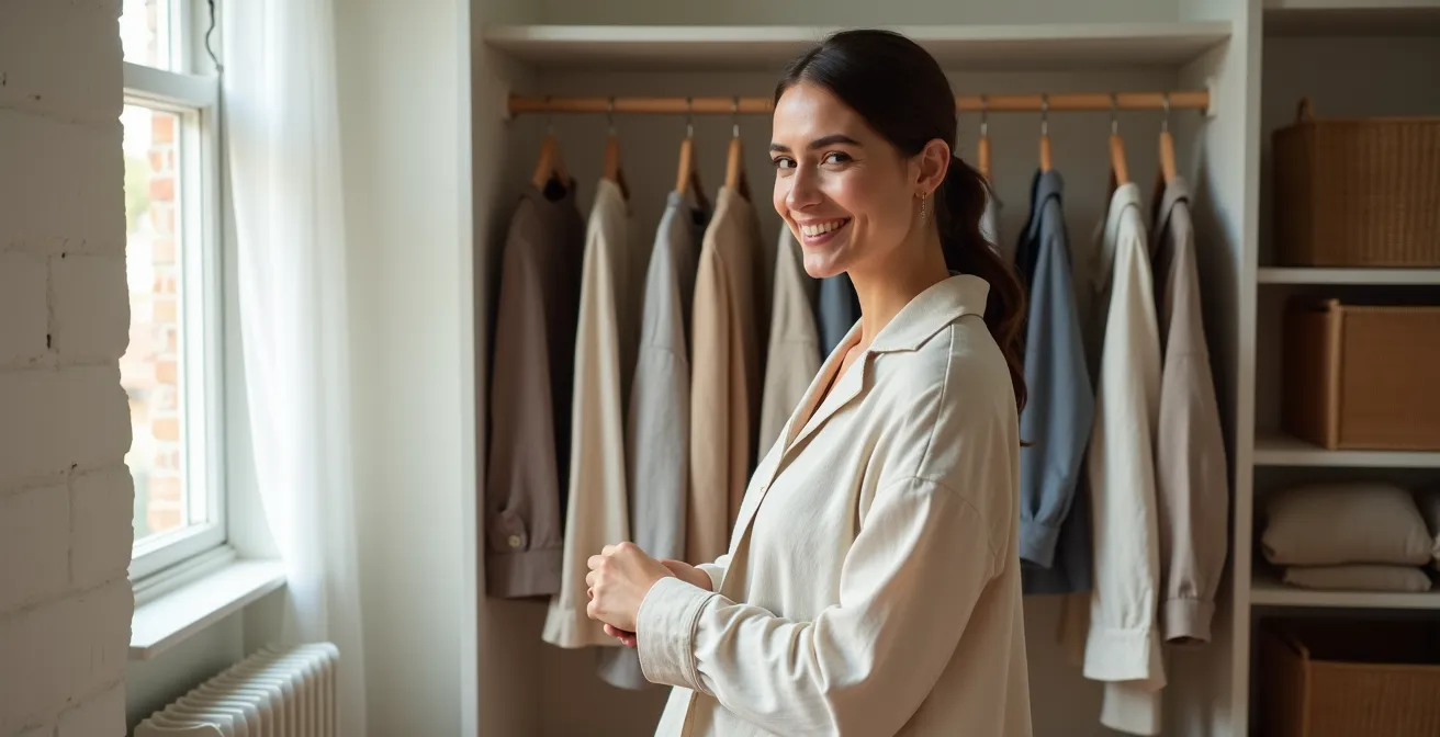 Portrait d'une femme souriante préparant sa tenue du jour dans un appartement montréalais lumineux