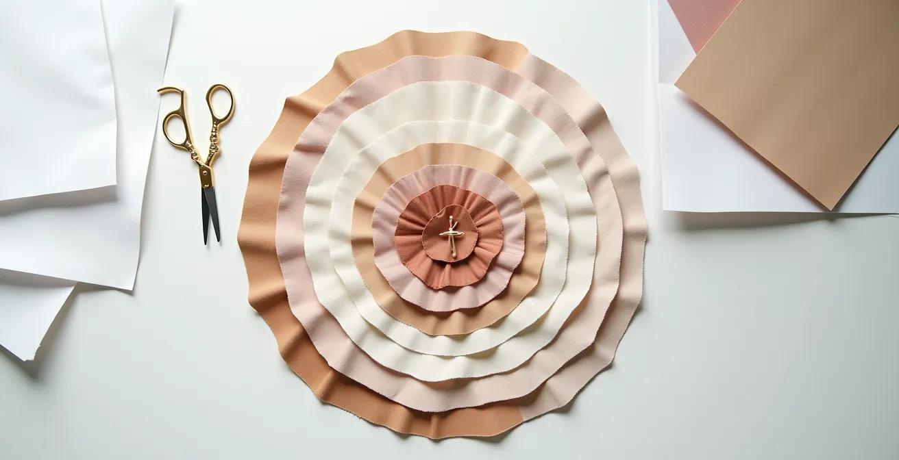 Vue aérienne d'un bureau d'atelier avec échantillons de tissus et carnets de croquis disposés en cercle