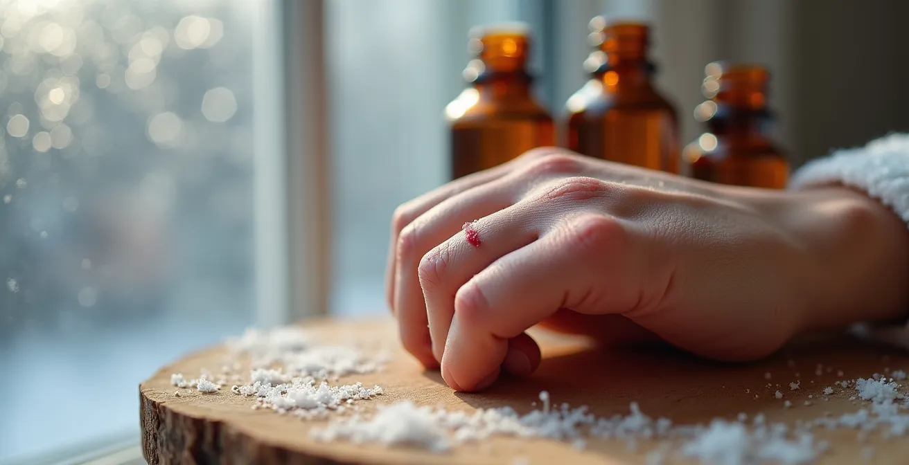 Gros plan macro sur une peau montrant une réaction cutanée à côté de flacons d'huiles essentielles naturelles