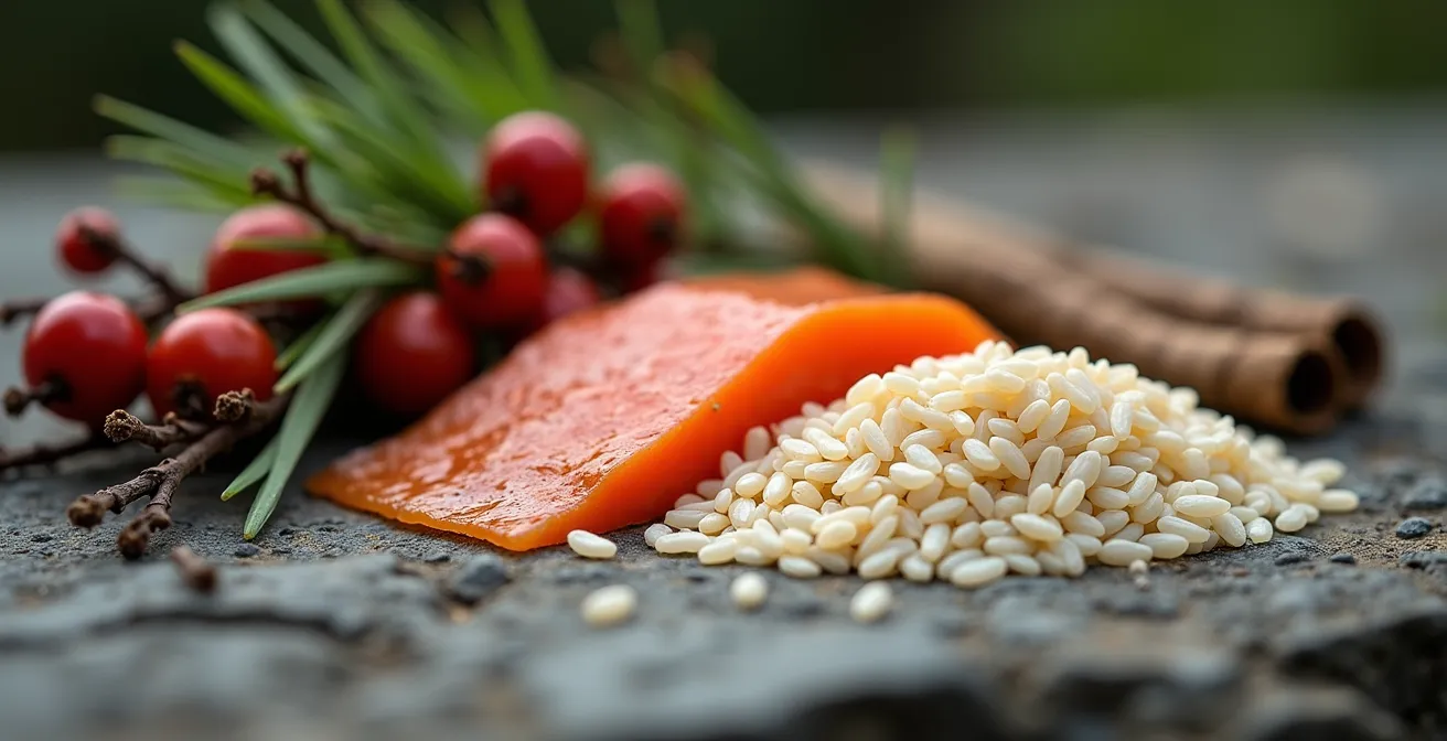 Gros plan sur des ingrédients autochtones canadiens disposés sur une pierre naturelle
