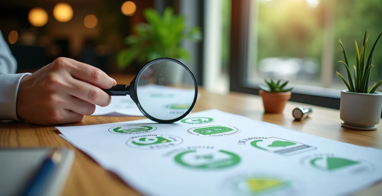Auditeur environnemental examinant des documents de certification dans un hall d'hôtel écologique
