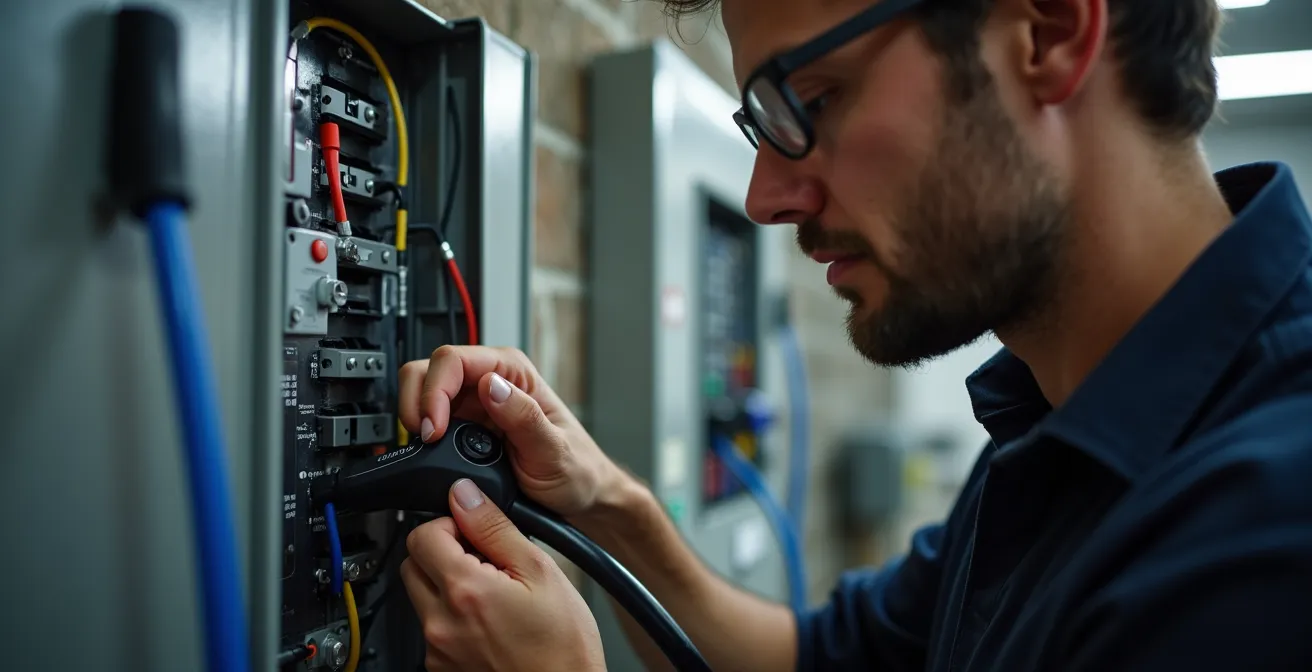 Électricien certifié installant une borne de recharge près d'un panneau électrique 200 ampères
