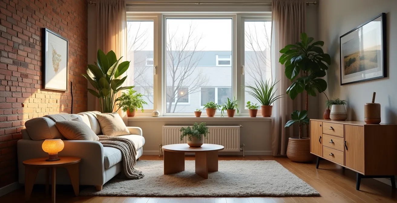Intérieur chaleureux canadien avec lumière naturelle et éléments naturels pour le bien-être hivernal