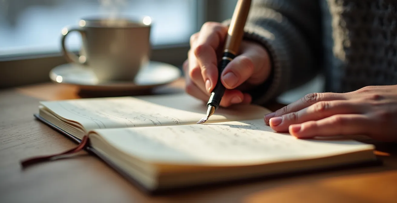 Carnet de journaling ouvert sur une table en bois avec lumière hivernale douce