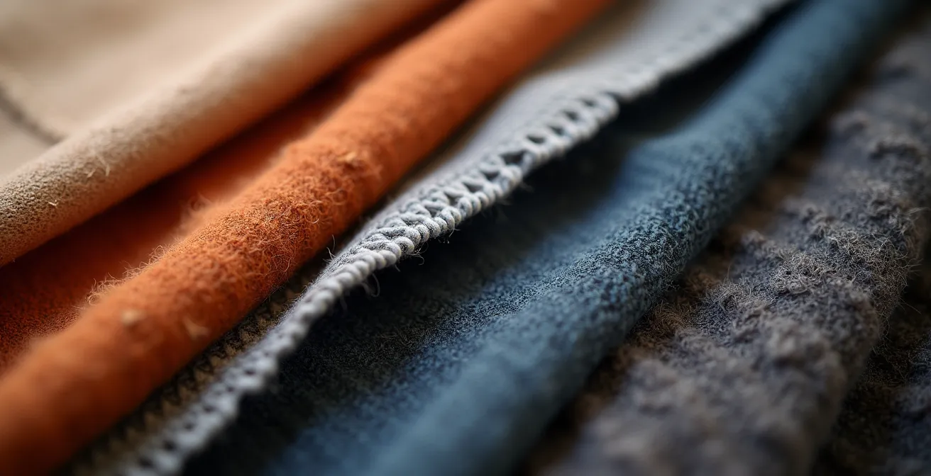 Composition artistique montrant différentes couches de vêtements superposées avec des textures variées de laine, coton et techniques