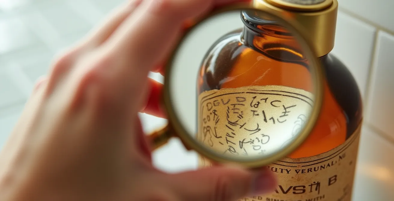 Main tenant une loupe au-dessus d'un flacon cosmétique montrant des détails flous d'étiquette