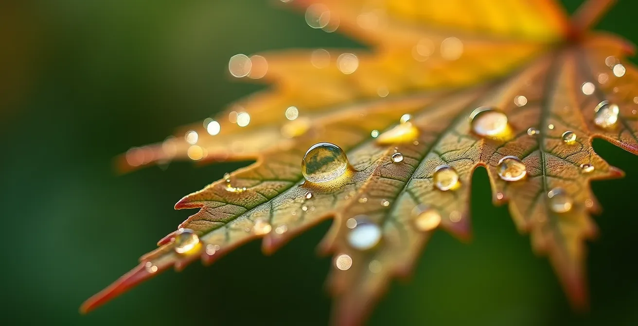 Vue macro d'une feuille d'érable canadienne avec gouttes de rosée reflétant la lumière