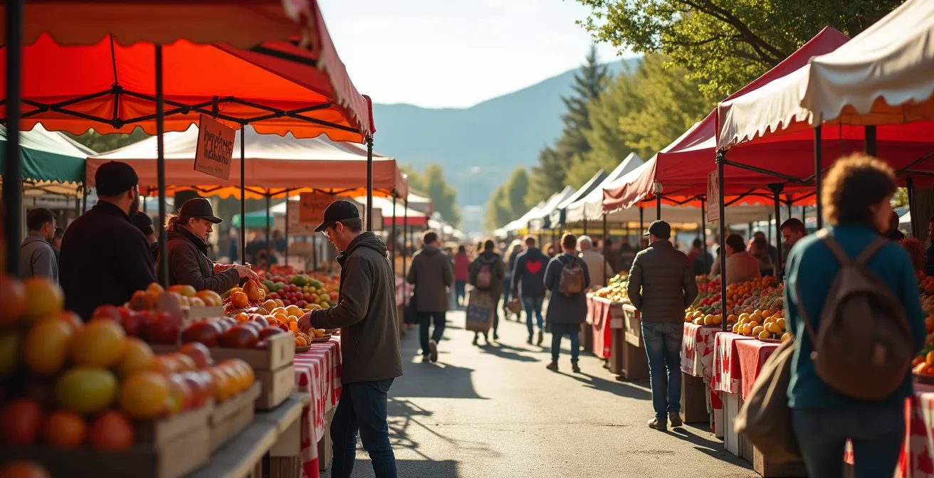 Famille achetant des produits locaux dans un marché fermier canadien