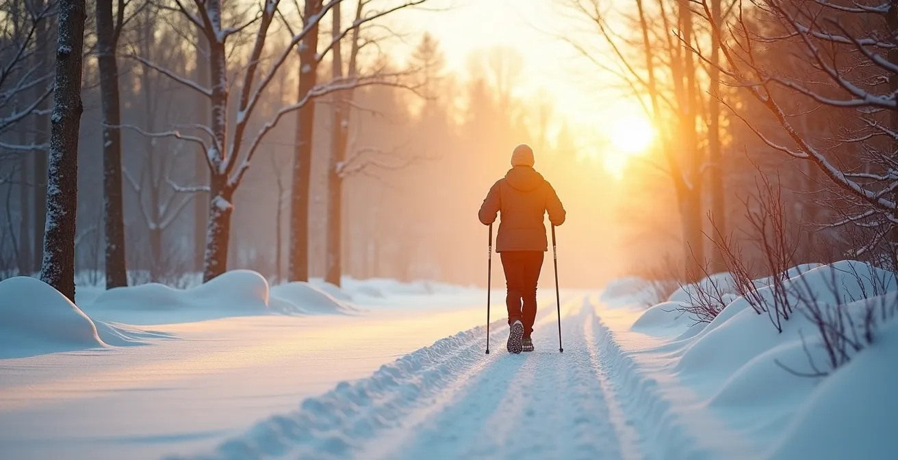 Personne pratiquant la marche nordique avec bâtons dans un parc enneigé canadien au lever du soleil