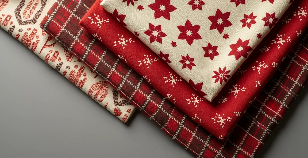 Arrangement créatif de tissus aux motifs variés montrant l'harmonie des imprimés avec une palette de couleurs cohérente