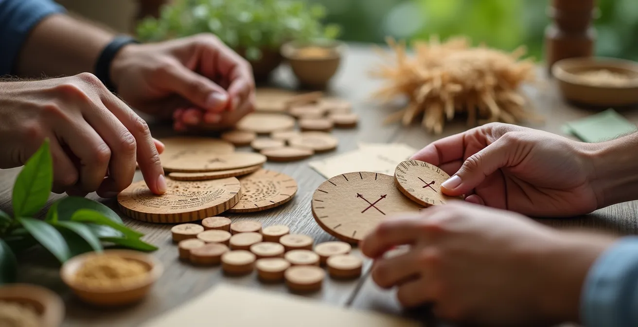 Gros plan sur des mains analysant des données d'impact environnemental avec des matériaux durables en arrière-plan