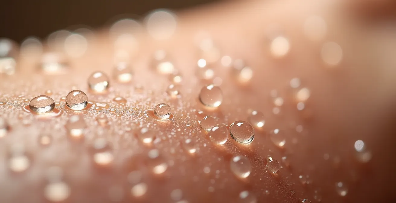 Vue macro de la texture de peau humaine avec gouttelettes d'eau et reflets de lumière naturelle