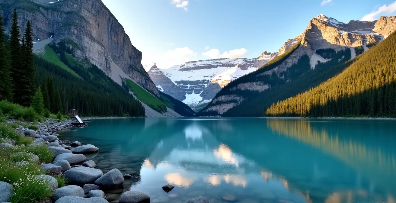 Vue panoramique d'un parc national canadien avec lac turquoise et montagnes