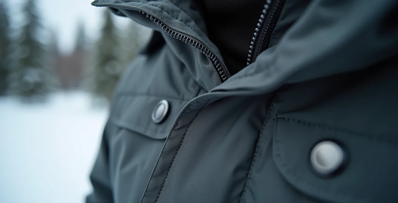 Gros plan sur une parka d'hiver de qualité avec détails de coutures et matières techniques dans un environnement nordique