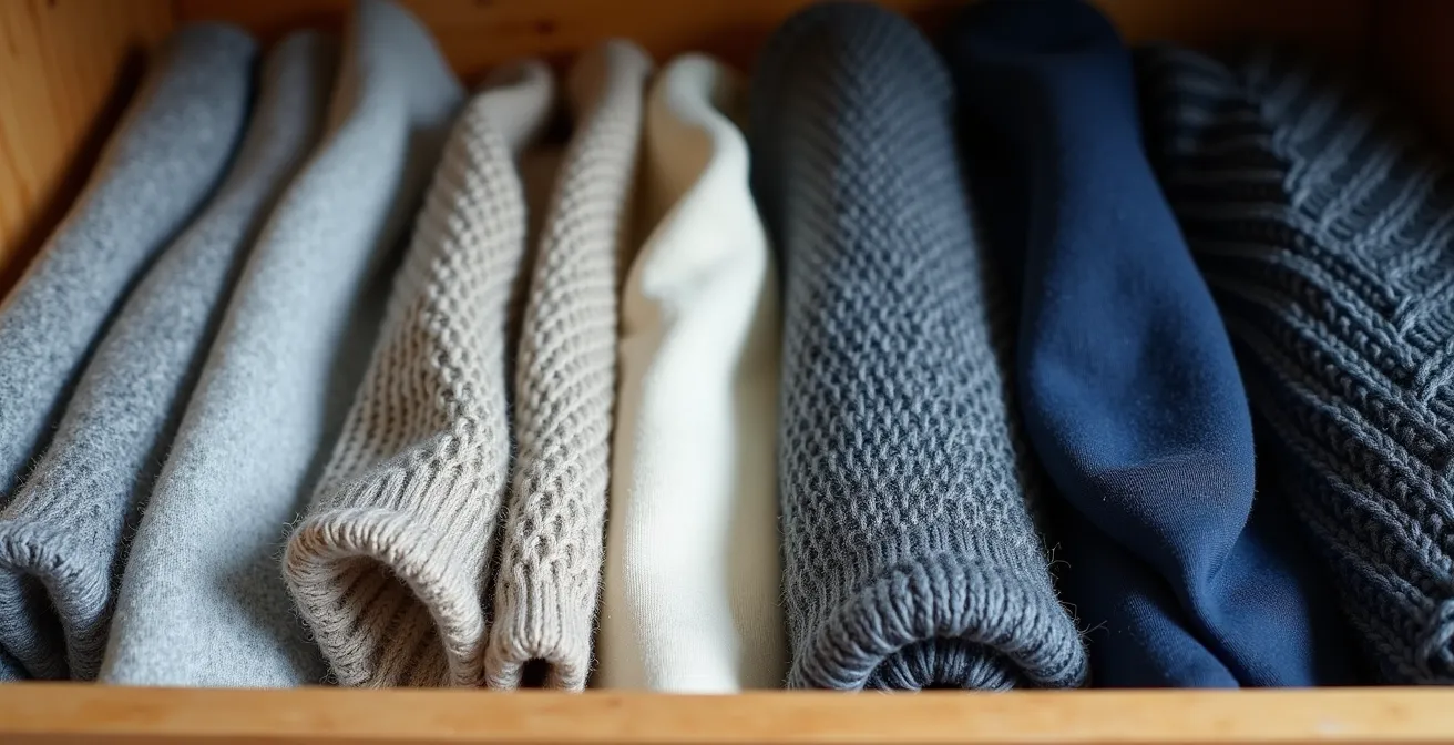 Vue macro d'un tiroir parfaitement organisé avec vêtements pliés verticalement, montrant chandails de laine, t-shirts et accessoires d'hiver rangés selon la méthode de pliage vertical