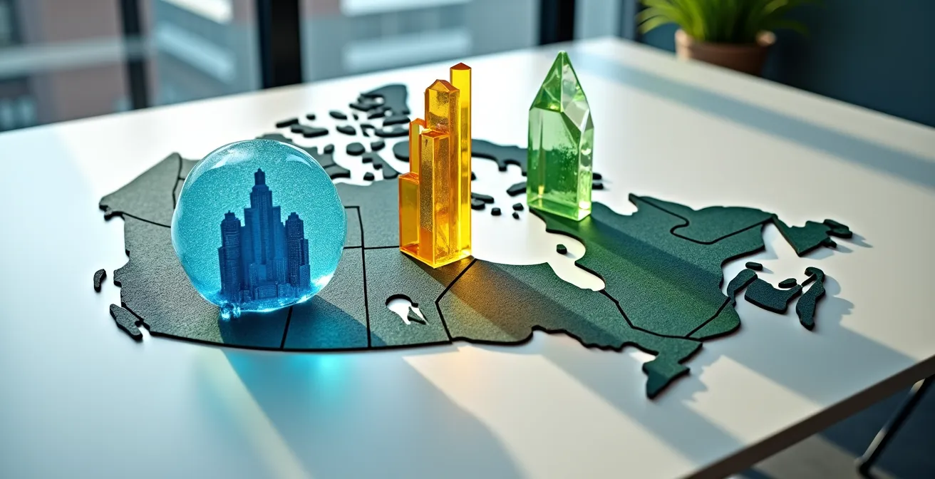 Carte stylisée du Canada montrant les trois principaux pôles technologiques avec des icônes représentant leurs spécialisations