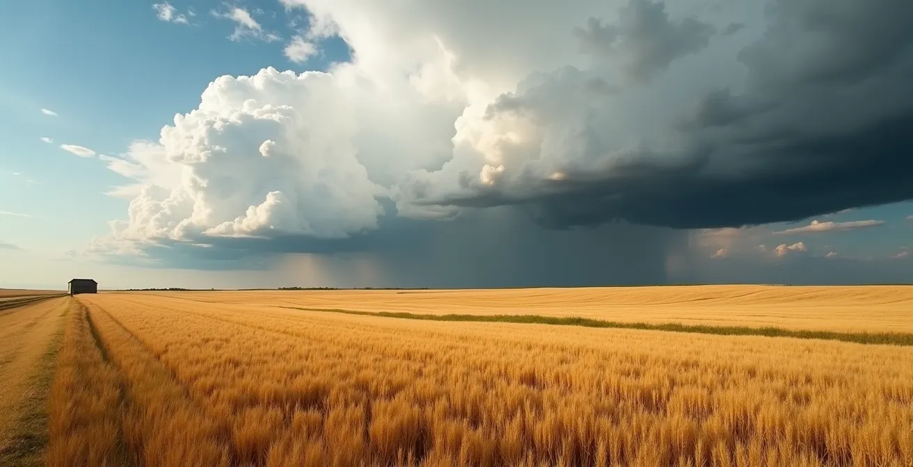 Vastes prairies dorées de Saskatchewan sous un ciel dramatique avec nuages