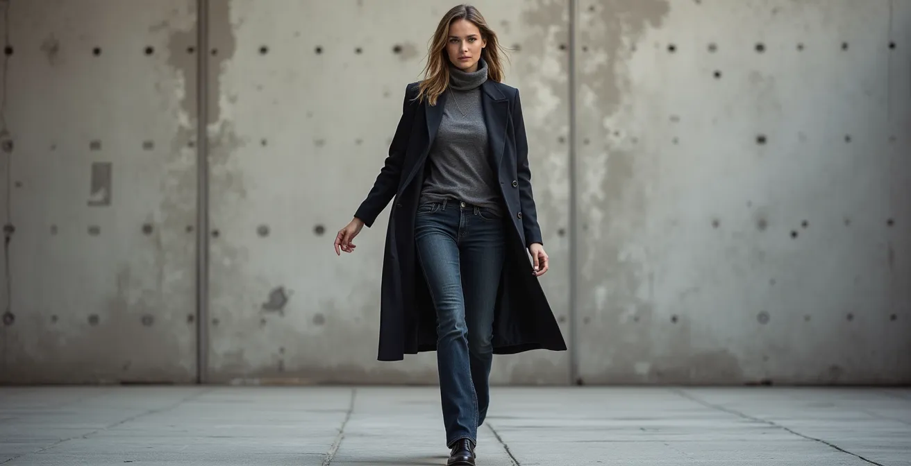 Silhouette élégante montrant l'équilibre parfait des proportions vestimentaires avec différents volumes