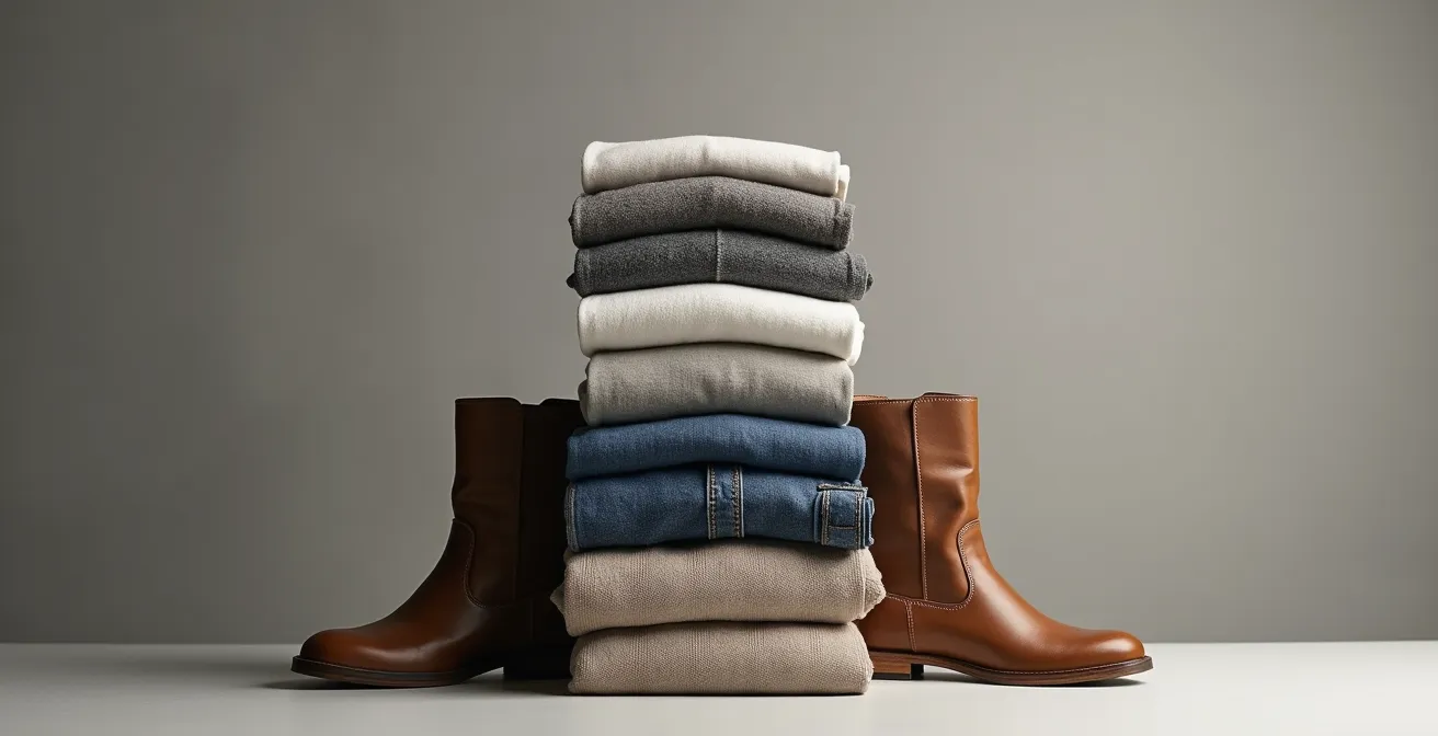 Visualisation de la pyramide budgétaire avec des vêtements de qualité croissante, des basiques en bas jusqu'au manteau d'hiver en haut.