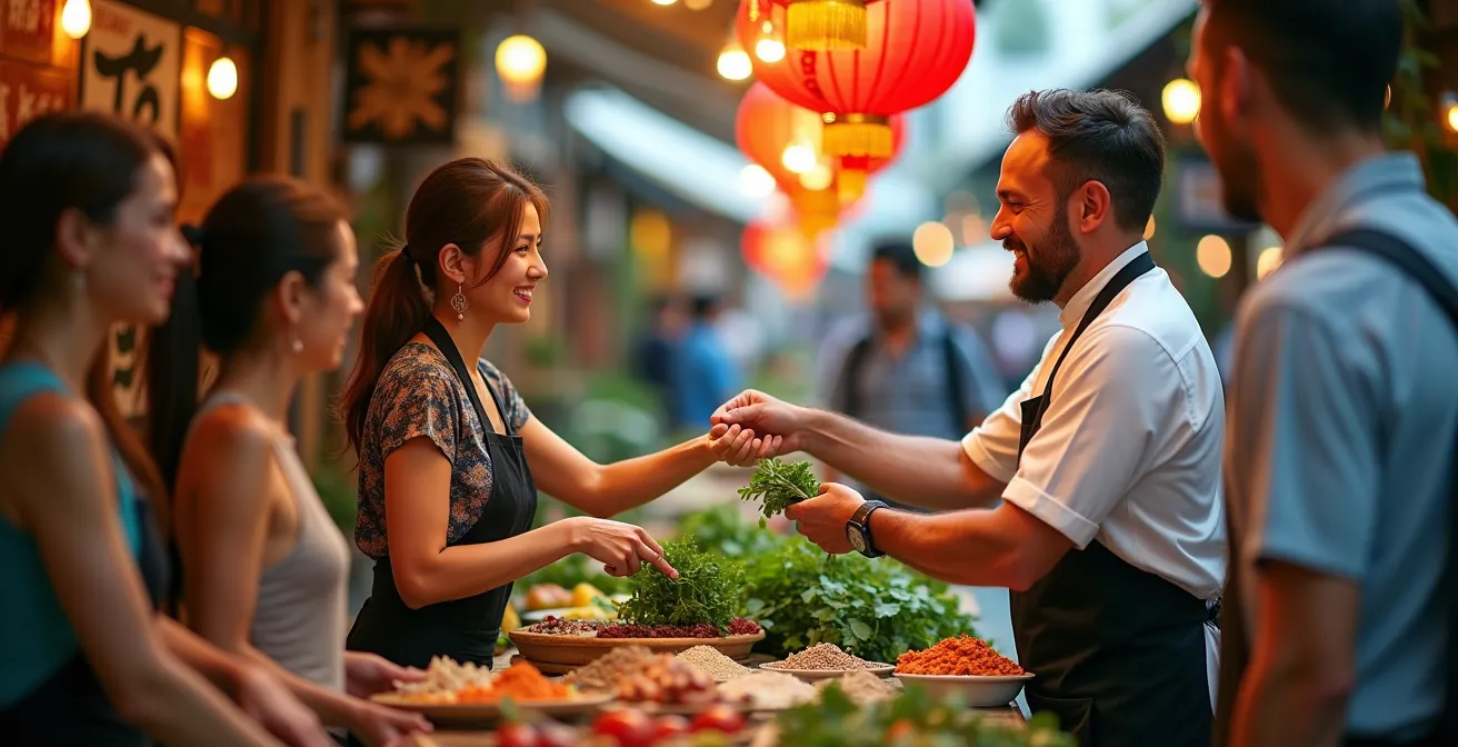 Vue en plongée d'un marché multiculturel canadien avec étals colorés