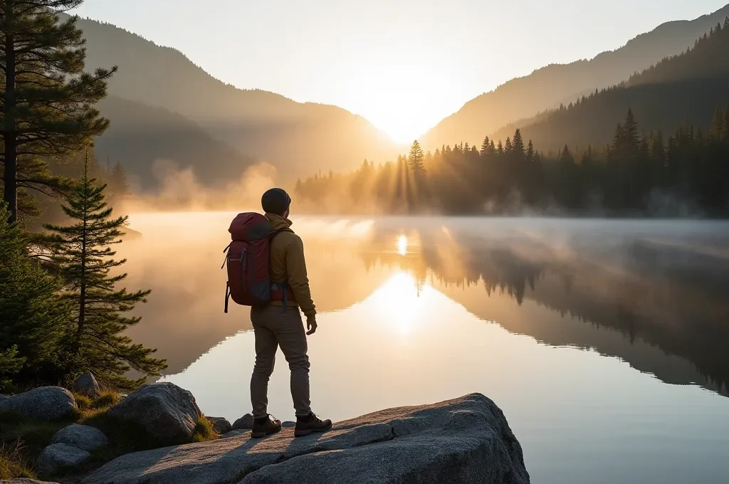 Randonneur solitaire de dos contemplant un lac miroir entouré de forêt boréale au lever du soleil