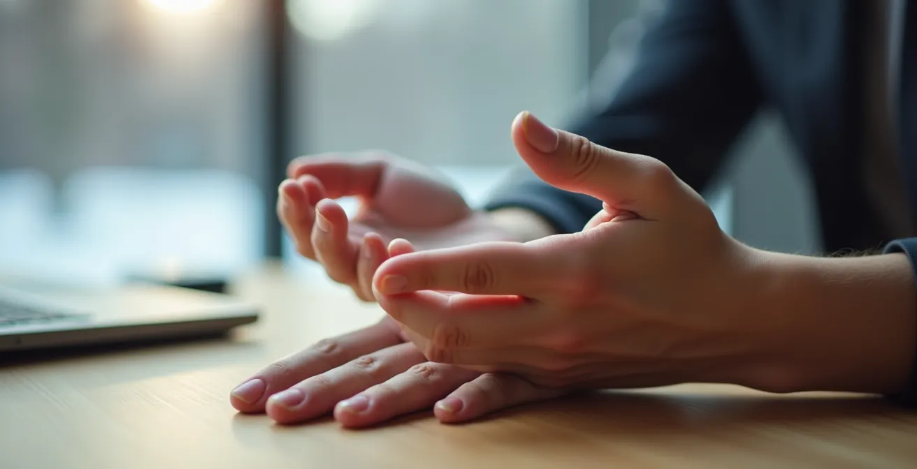 Personne pratiquant discrètement la relaxation musculaire à son bureau