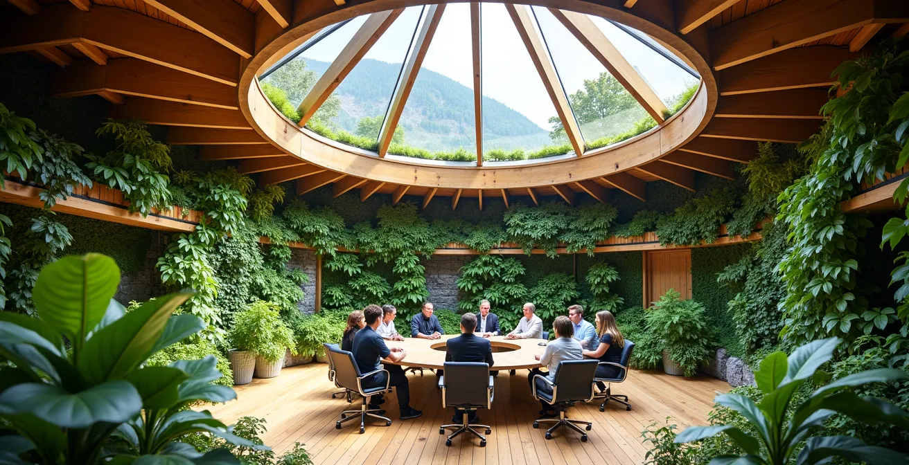 Investisseurs d'impact réunis dans un espace vert avec éléments de durabilité