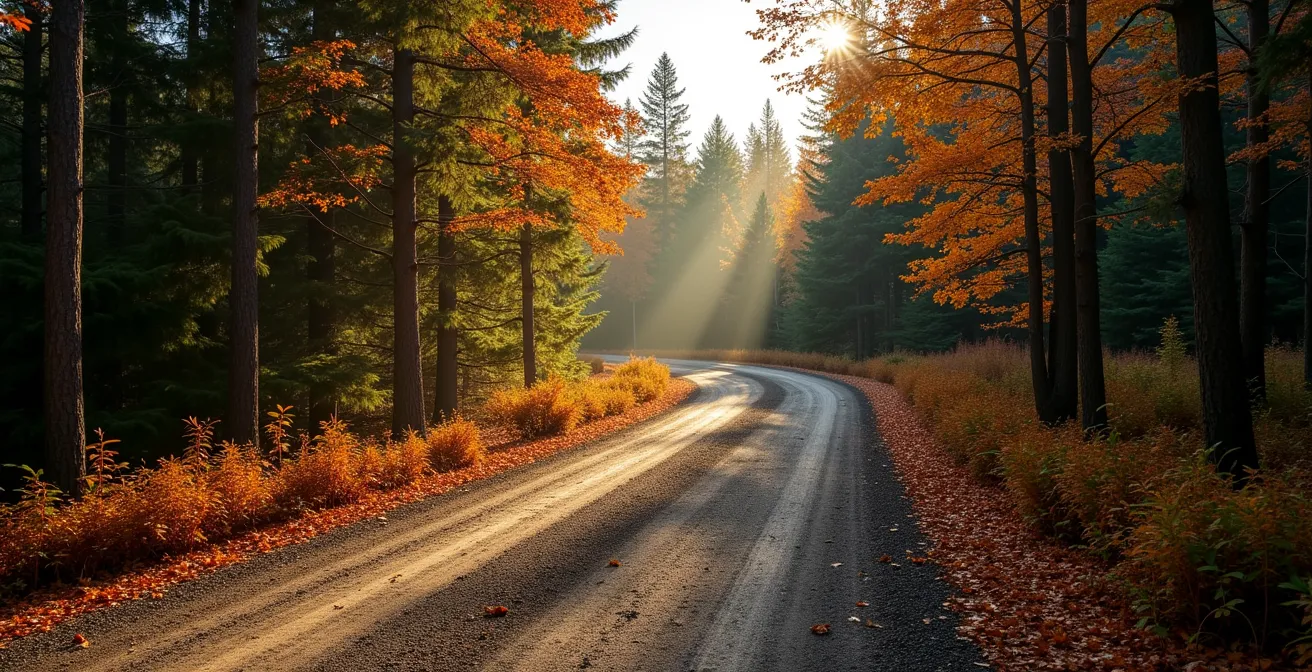 Chemin de terre sinueux traversant une forêt boréale canadienne en automne
