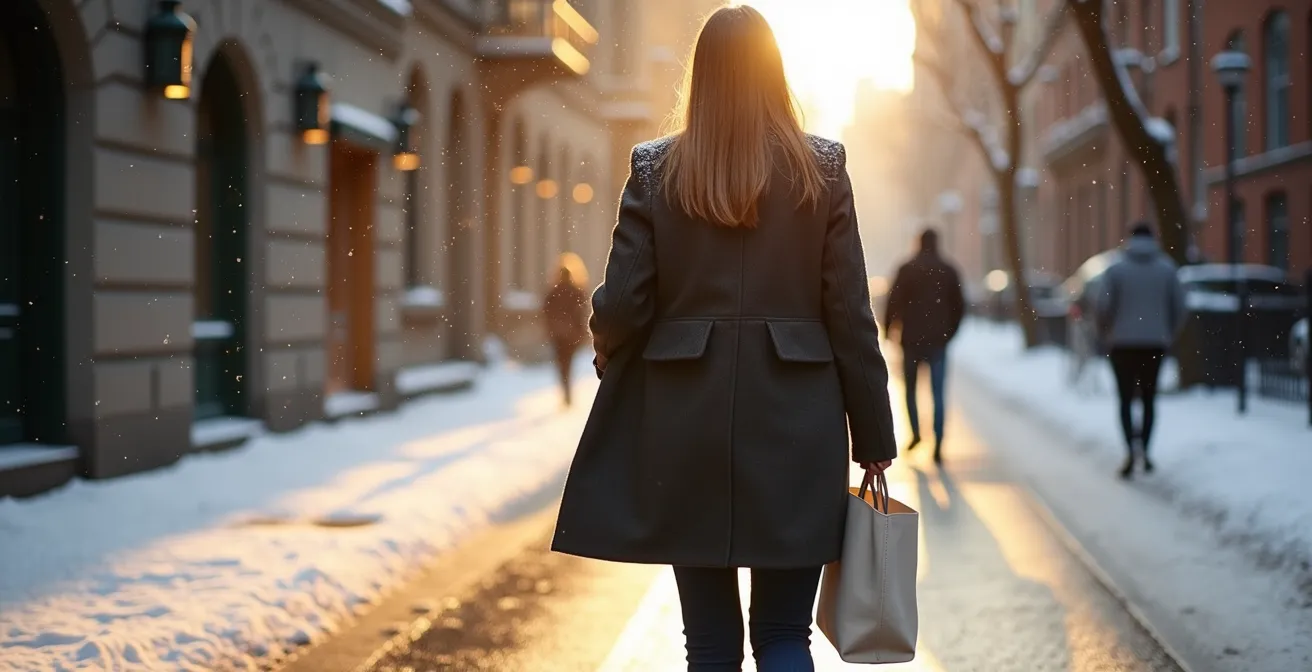Personne portant un manteau de créateur avec des accessoires du quotidien dans une rue montréalaise enneigée
