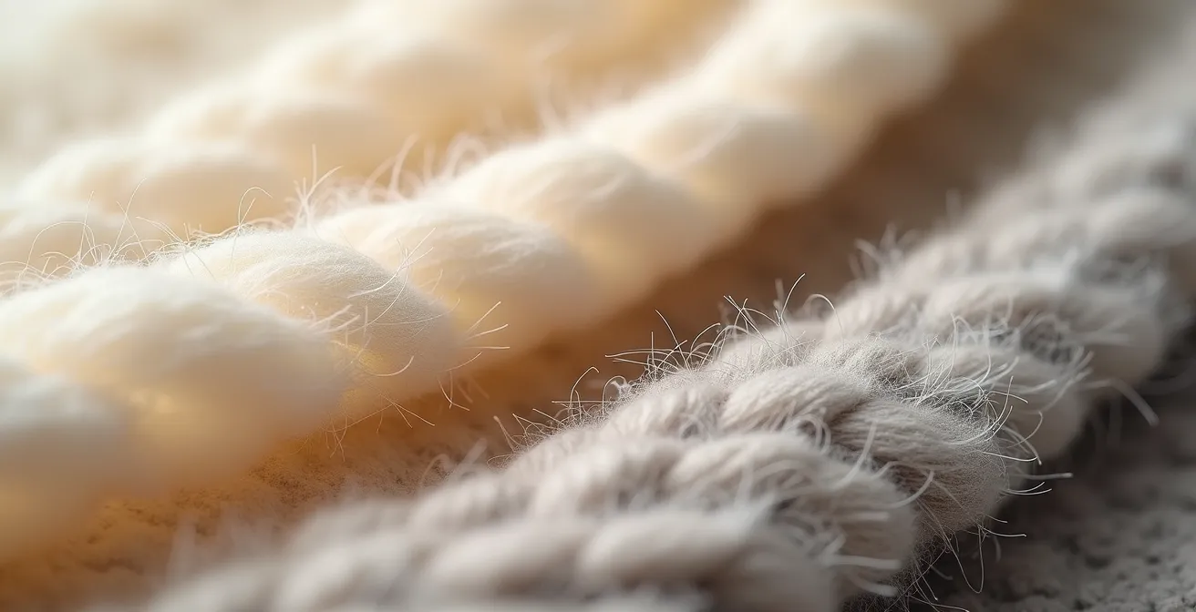 Vue macro détaillée de fibres de cachemire et laine mérinos montrant leurs textures distinctives